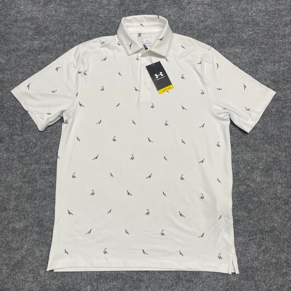 Under Armour Polo Shirt Mens Medium White Quail Bird All Over Print Golf UPF 30